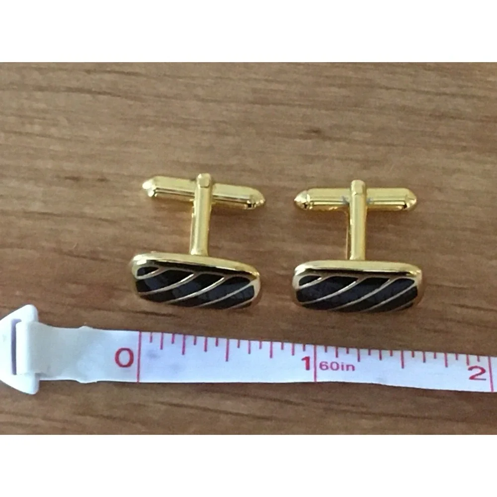 Vintage Goldtone Diagonally Striped Black/Gold Rectangular CUFFLINKS